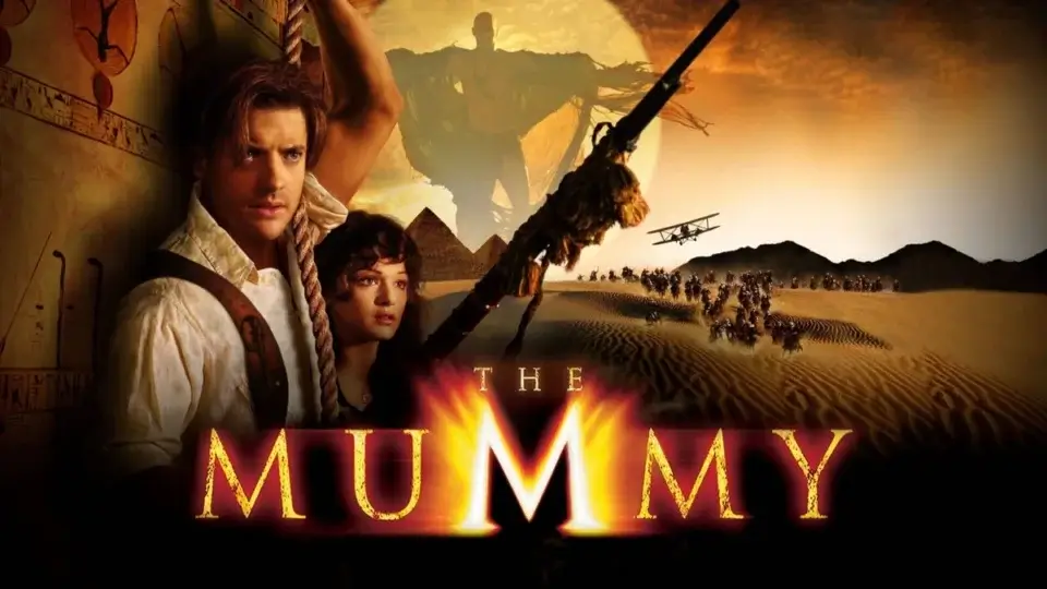 Brendan Fraser and Rachel Weisz on the cover of The Mummy movie.